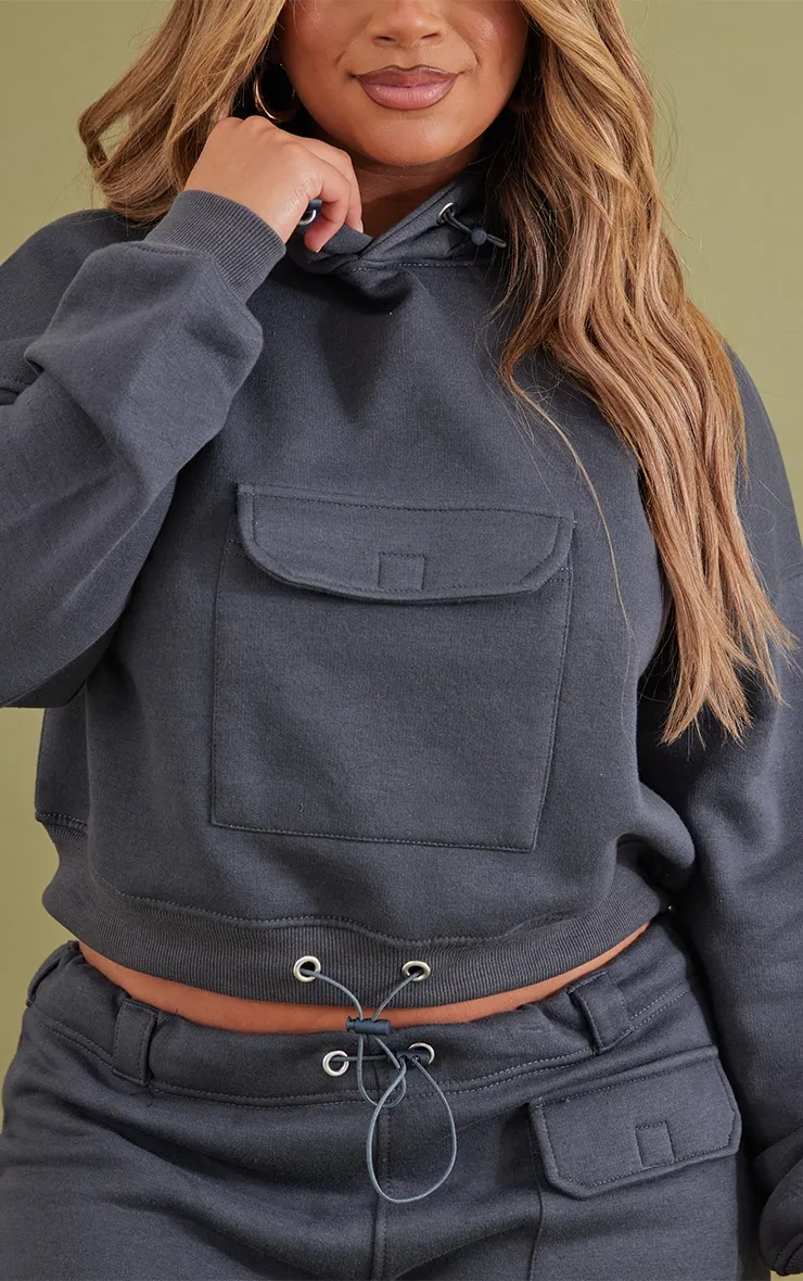 Shape Charcoal Toggle Pocket Detail Cropped Hoodie