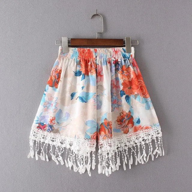 Short Femme  New  Women Casual Tessal Floral Print Loose Elastic High Waist Lacing Chiffon Shorts Women Beach #63 GS