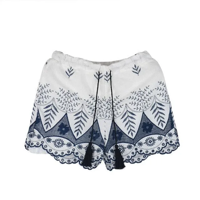 Shorts Women  Lace Embroidery Bohemian Style Beach Print Casual high waist Shorts pantalones cortos mujer #53 SM6