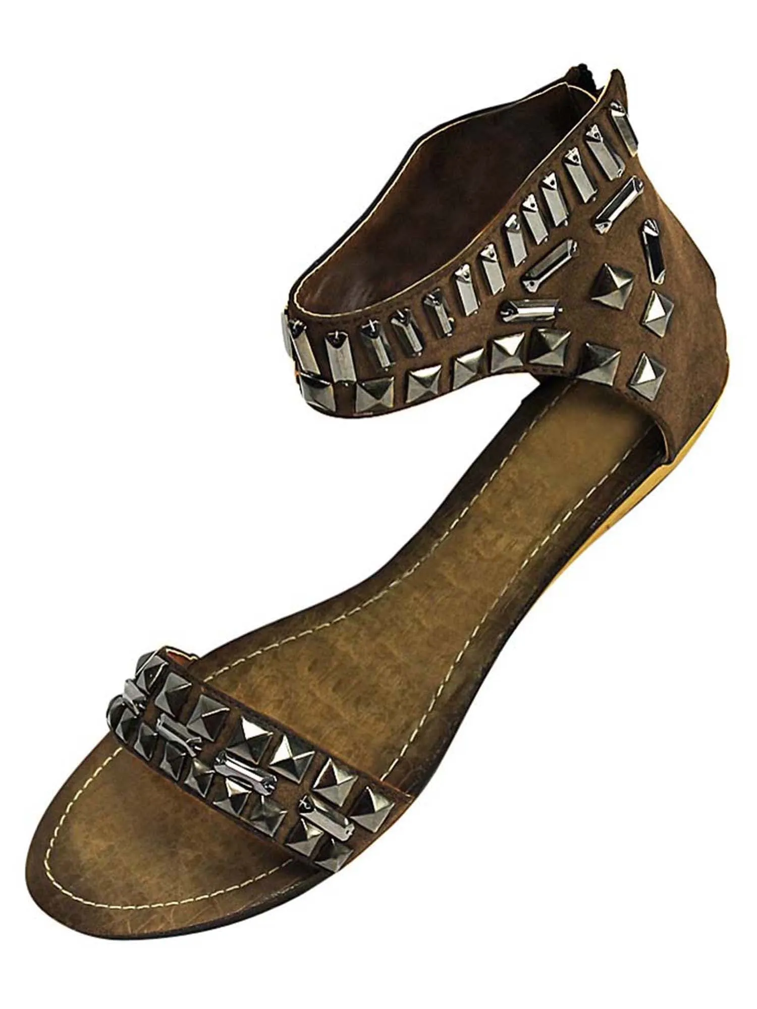 Studded Light Brown Ankle Strap Flat Womens Sandals Size 6