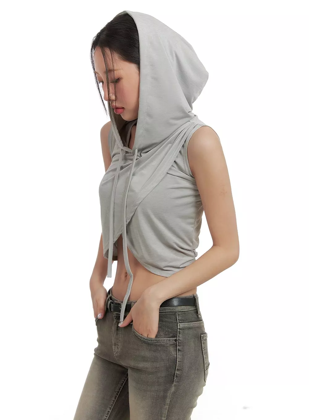 Unbalanced Wrap Sleeveless Cropped Hoodie CA416