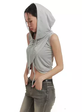 Unbalanced Wrap Sleeveless Cropped Hoodie CA416