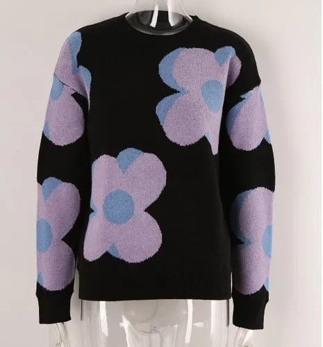 Women's Sweater Long Sleeve Sweaters & Cardigans Jacquard Contrast Binding Streetwear Flower