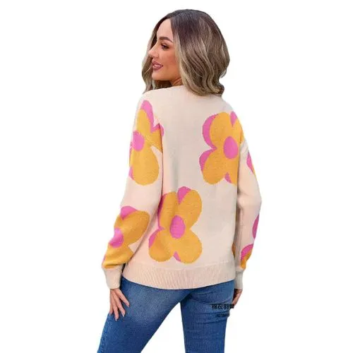 Women's Sweater Long Sleeve Sweaters & Cardigans Jacquard Contrast Binding Streetwear Flower