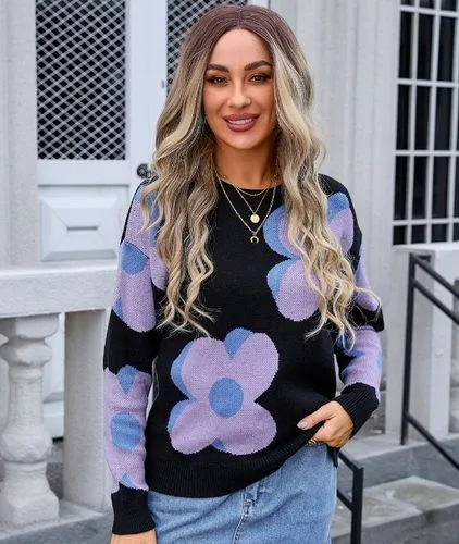 Women's Sweater Long Sleeve Sweaters & Cardigans Jacquard Contrast Binding Streetwear Flower